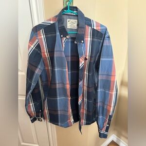 Jack & Jones Navy Blue and Coral Plaid Button-Up Shirt Jacket